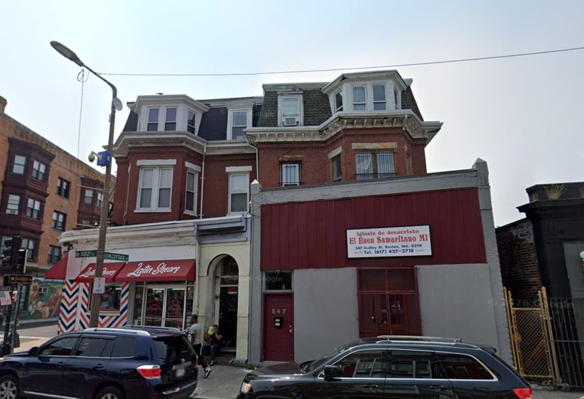 547-549 Dudley St from the street, church storefront at ground level