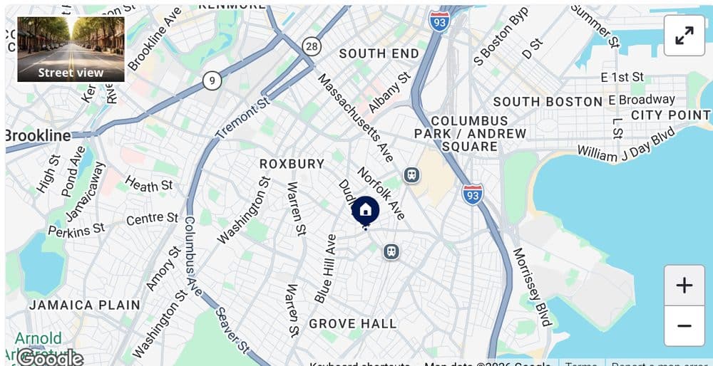 Map showing 547-549 Dudley St in Roxbury, between Nubian Square and Grove Hall